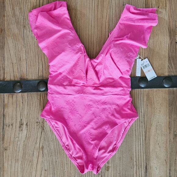 Trina Turk Swim and Spa Collection Pink Ruffle Palm Print Swimsuit sz 10 New - Picture 1 of 6